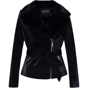 Bellivera Women's Black faux Leather Jacket with Belted Waist